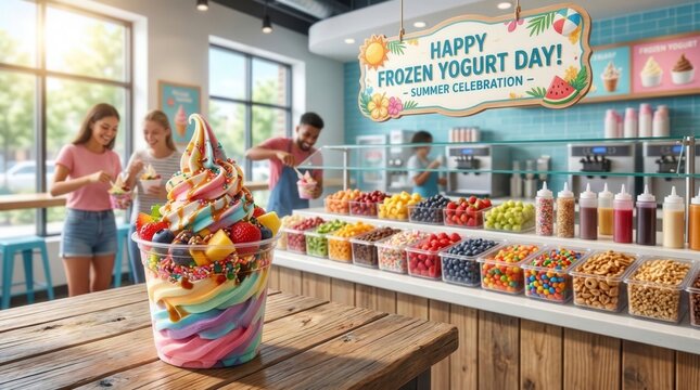 Rainbow Frozen Yogurt Cup with Fruit Toppings in Store