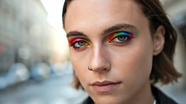 Closeup of human eyes social media concept. Close up of young person with colorful rainbow eyeshadow and nose ring in urban setting