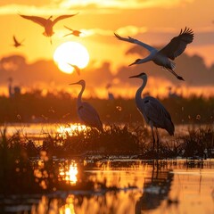 Fototapeta premium Sunrise flight of elegant cranes over tranquil wetland, golden light