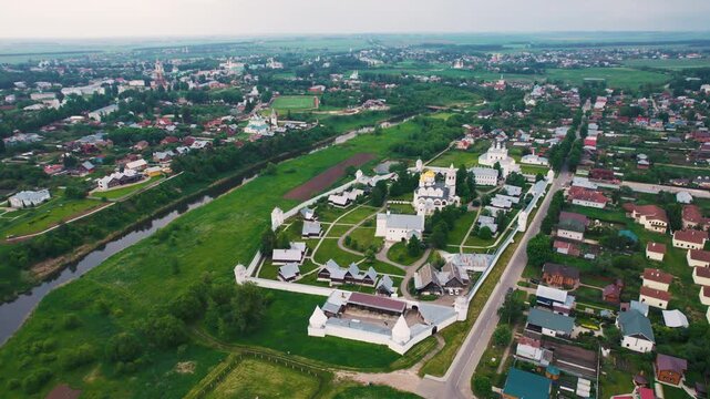 Aerial view of Suzdal kremlin and town in Russia