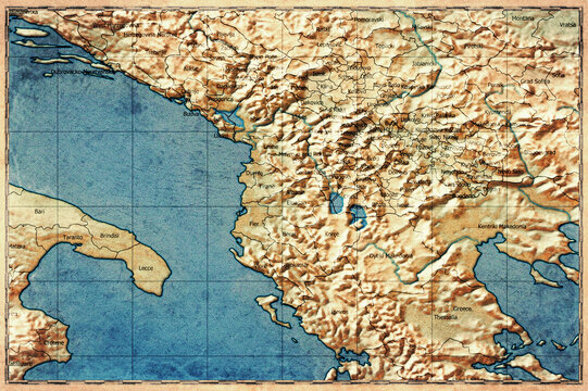 Vintage Map Of Albania With Administrative Regions On Retro Paper Background