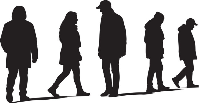 Silhouettes of people walking in different poses and directions