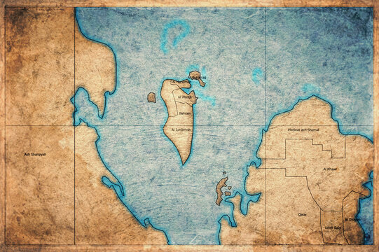 Vintage Map Of Bahrain With Administrative Regions On Retro Paper Background