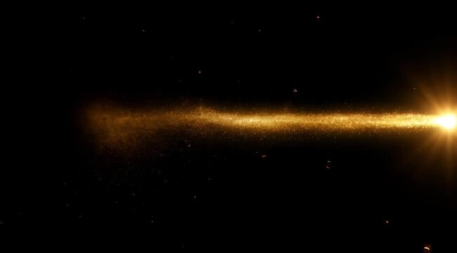 Abstract golden light trails and shimmering particles forming a glowing ring and moving in a straight line on a black background, luxury celebration and magic concept animation.
