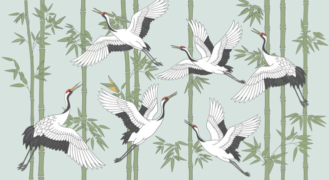 Japanese RedCrowned Cranes Flying Gracefully Amidst Bamboo.