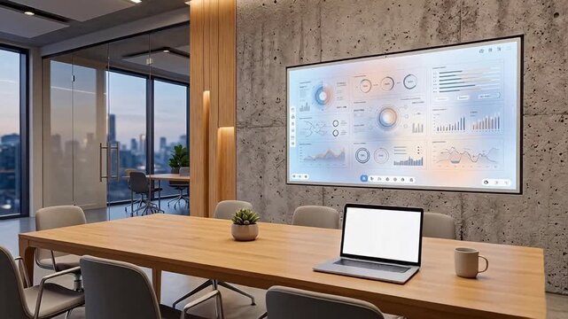 Smart office of the future showing a sleek interactive digital whiteboard on a raw concrete wall with warm bamboo panels and dynamic light.