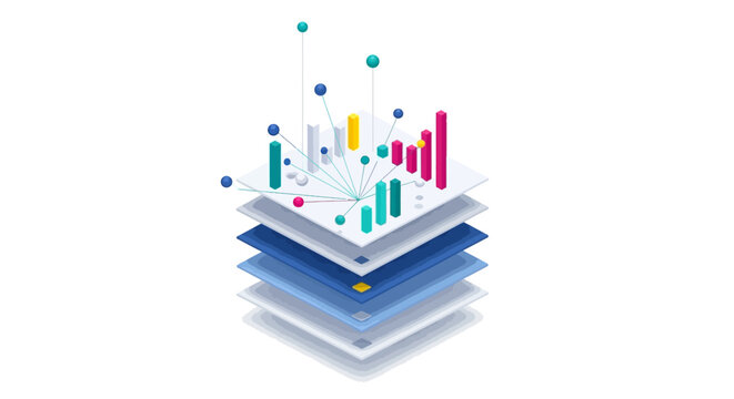 Abstract layered data visualization of statistical charts representing complex information analysis