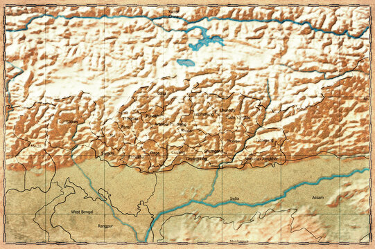 Vintage Map Of Bhutan With District Boundaries On Retro Paper Background