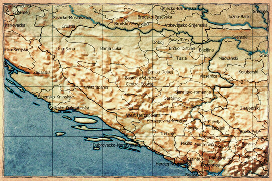 Vintage Map Of Bosnia And Herzegovina With Administrative Regions On Retro Paper Background