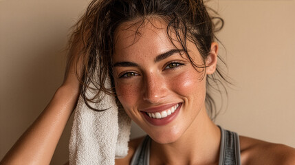 Smiling sweaty young woman holding towel after workout, close up portrait with natural freckles and glowing skin in warm light, post exercise fitness recovery concept, healthy lifestyle beauty wellnes