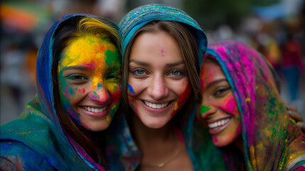 Fototapeta premium Faces covered in vibrant Holi colors embrace during festival celebration, spring joy and cultural tradition, Indian heritage and community connection, perfect for diversity marketing and