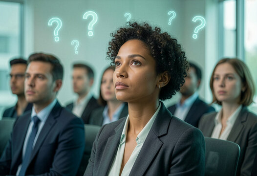 Thoughtful business woman with question marks thinking during meeting in modern office, diverse professionals sitting in conference room, decision making problem solving concept