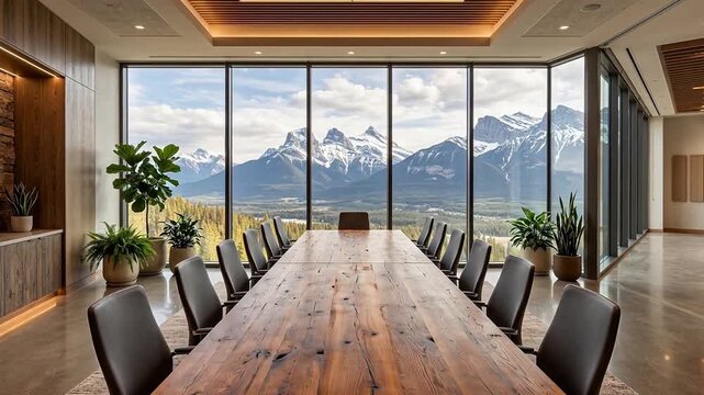 Wide shot of an empty premium modern conference room with floor-to-ceiling windows offering a breathtaking view of a snow-capped mountain.