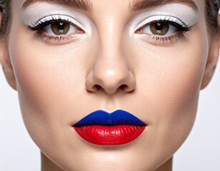 Frontales Porträt einer Frau mit farblich gestalteten Lippen und Lidern als Flaggensymbol (Russland) isoliert auf weißem Hintergrund