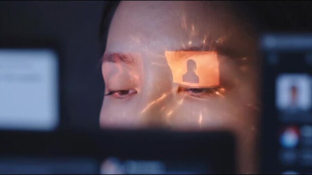 Closeup of human eyes social media concept. Close up of human eyes with futuristic digital eye tracking biometric scanning technology and glowing interface
