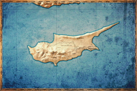 Vintage Map Of Cyprus UN Buffer Zone With Administrative Regions On Retro Paper Background