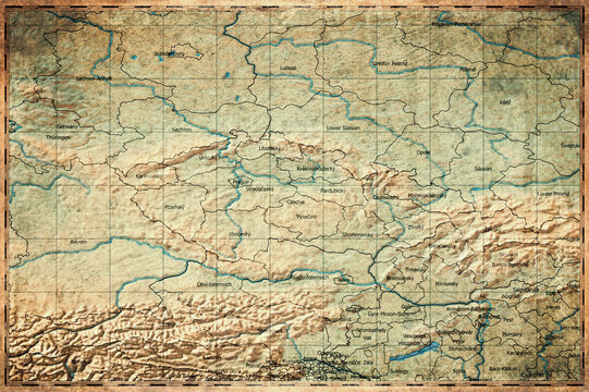 Vintage Map Of Czechia With Regional Boundaries On Retro Paper Background