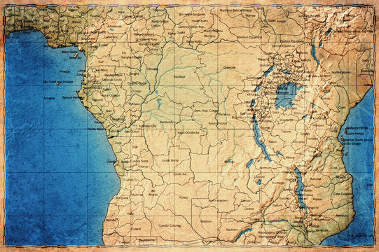 Vintage Map Of Democratic Republic Of The Congo With Provincial Boundaries On Retro Paper Background