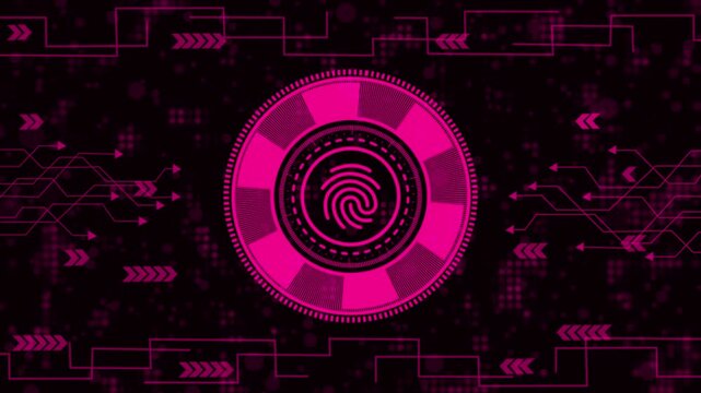 Biometric Fingerprint Scanning Technology Background with Digital Circuitry and Magenta HUD Interface for Cybersecurity and Data Protection Concepts.