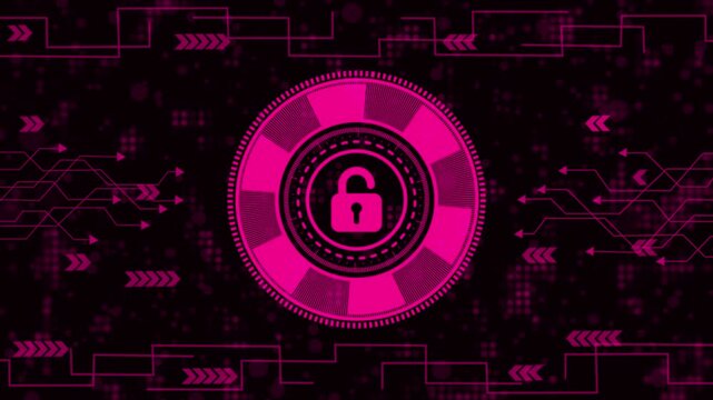 Digital padlock icon unlocked within a glowing pink circular chip on a dark circuit board background, cyber security concept.