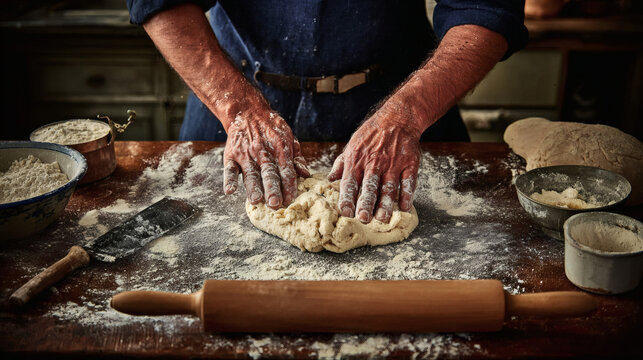Rustic dark wooden table features scattered white flour near fresh raw dough shaped like cute bunny. Wooden rolling pin rests nearby providing large empty artisan bakery holiday pre order text space