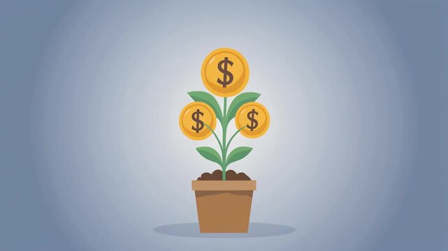 Flat illustration of growing plant with dollar coins in pot