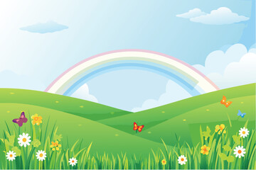 Fototapeta premium A vibrant landscape showcases a rainbow over rolling green hills
