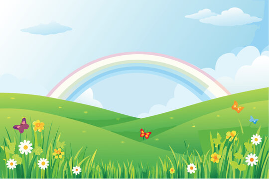 A vibrant landscape showcases a rainbow over rolling green hills