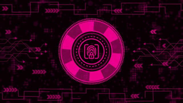 Cybersecurity concept: Glowing pink lock icon within a digital circuit board pattern on a dark background..