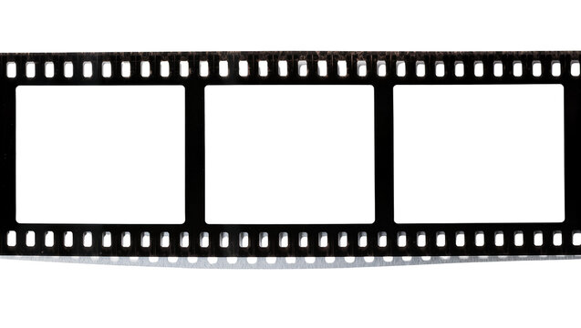 Classic black film strip with three empty frames, ideal for cinematic projects and photography concepts, isolated on a clean background