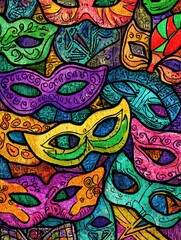 Fototapeta premium Joyful Purim Carnival Background Filled With Colorful Masks for Celebration and Enjoyment During the Festive Season