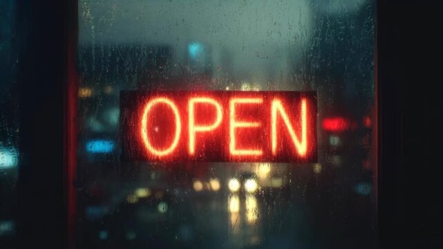 Neon open sign glowing in a rain-covered window with blurred city lights at night