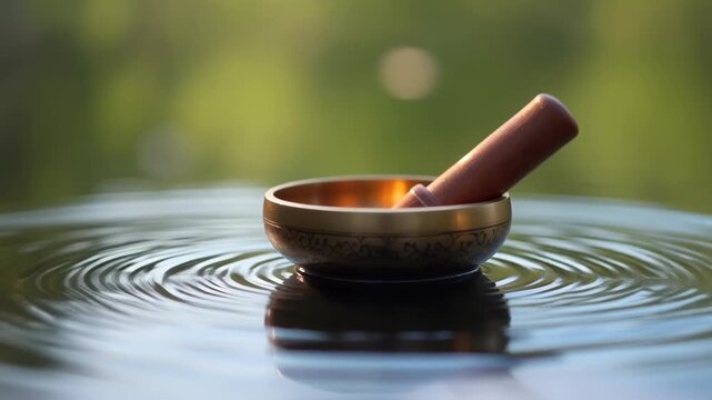 Tibetan singing bowl vibrating water creating ripples, Buddhist meditation instrument, sound healing therapy, spiritual practice