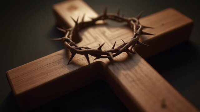 Crucifix wooden texture crown thorns dramatic lighting, Christian passion symbol, Easter religious theme, close-up detail macro, spiritual sacrifice concept