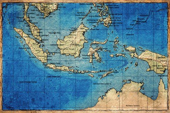 Vintage Map Of Indonesia With Provincial Boundaries On Retro Paper Background