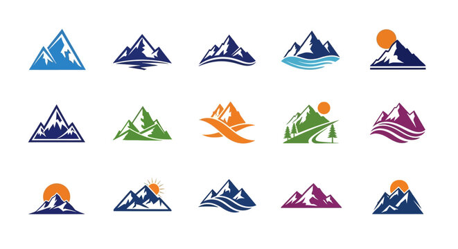 Collection of mountain logo designs, diverse styles and color variations for branding