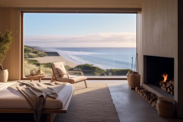 Naklejka premium Minimalist bedroom offering a serene coastal retreat with a large window facing the beach and sea