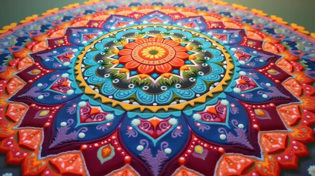 Buddhist mandala sand painting colorful intricate patterns, Tibetan spiritual art, meditation focus object, vibrant rainbow spectrum, sacred geometry