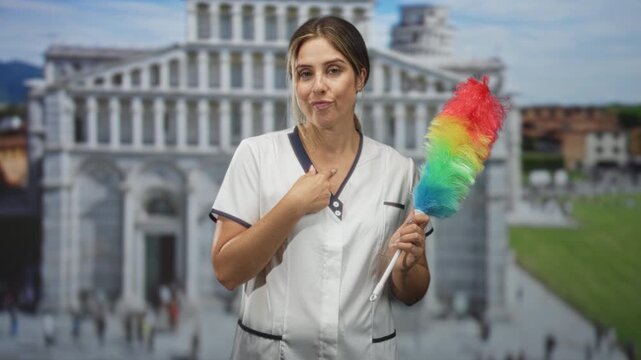 Cleaning lady holds rainbow feather duster and touches chest with one hand while standing before a historic building; resignation duty.