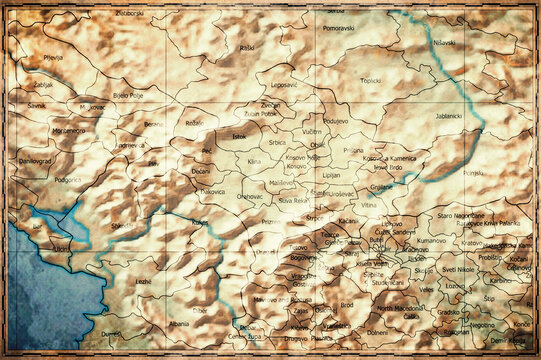 Vintage Map Of Kosovo With Districts On Retro Paper Background