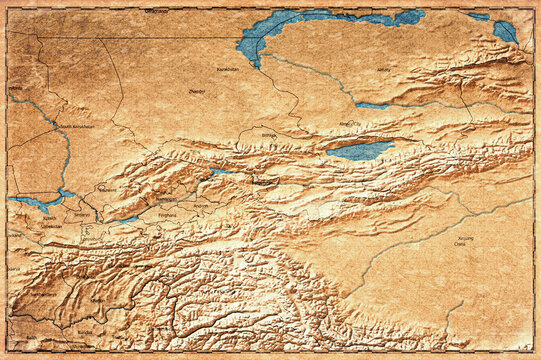 Vintage Map Of Kyrgyzstan With Regions On Retro Paper Background