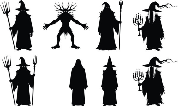 Fantasy wizard silhouette collection, Halloween outline figure, mystical motif illustration, ghost icon art, eerie design graphic, magical creature symbol