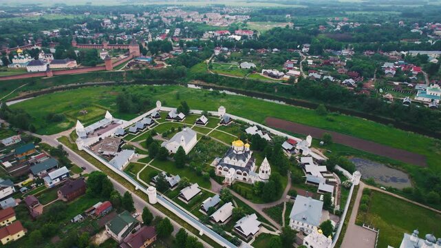 Aerial view flying over Suzdal monastery and kremlin in Russia