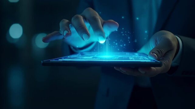Male hands holding futuristic holographic tablet, glowing blue interface floating, dark studio bokeh background, sharp hands and screen