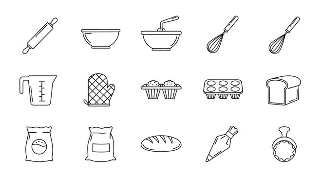 Baking ingredients and tools icons.