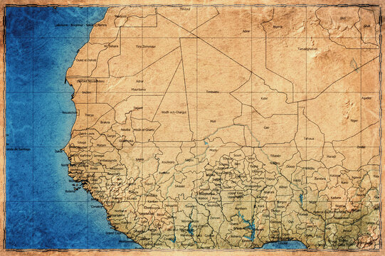Vintage Map Of Mali With Regions On Retro Paper Background