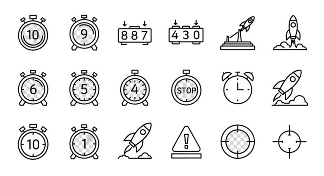 Clocks stopwatch and rockets icons set.