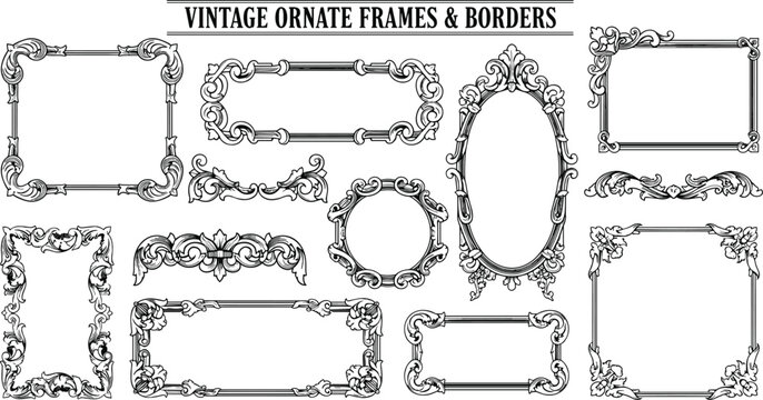 Vintage ornate frame silhouette collection, decorative border outline figure, baroque motif illustration, floral icon art, classical design graphic, elegant symbol