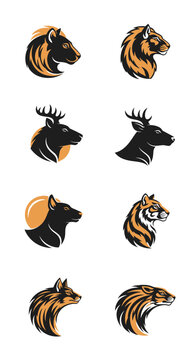 Collection of animal head icons side view.