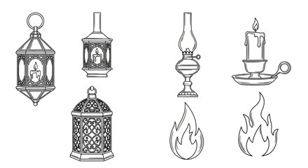 Fototapeta premium Collection of old metal lanterns and flames.